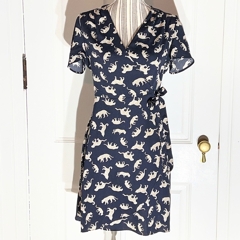 Navy wrap leopard all over print short sleeve j crew size 2 womens dress D398